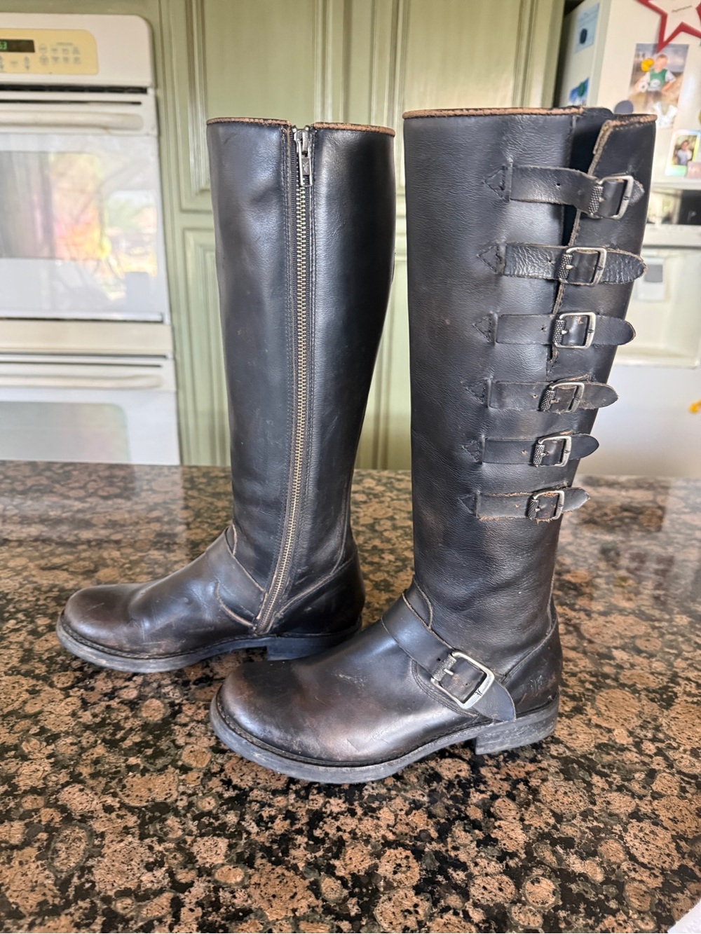 Frye Black Leather Tall Moto Boots with multi buckle Harness